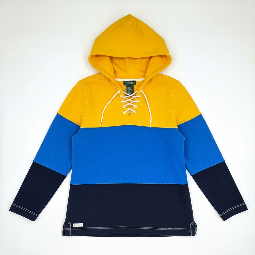Lauren Ralph Lauren Colorblock Lace-Up Hoodie Sweatshirt Blue Navy Yellow Sz S